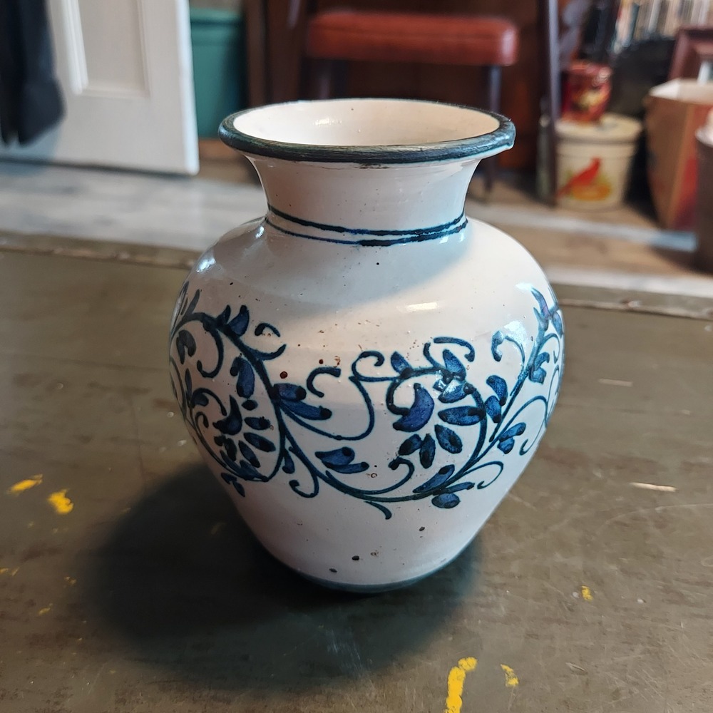 Hand Painted Blue and White Studio Pottery Floral Bud Vase 4.5x4 Rustic Folk Art